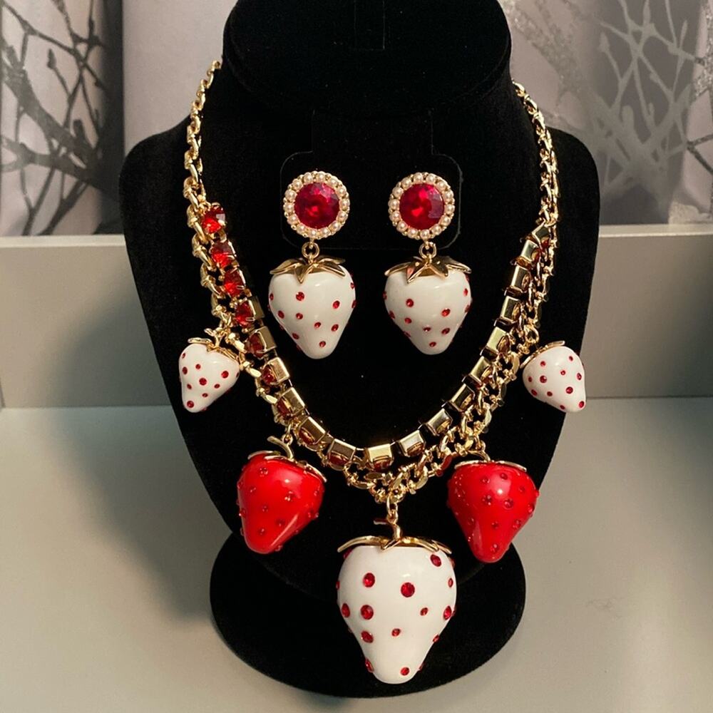 BNWT BETSEY JOHNSON Strawberry Rhinestone Necklace and Earrings Bundle Set